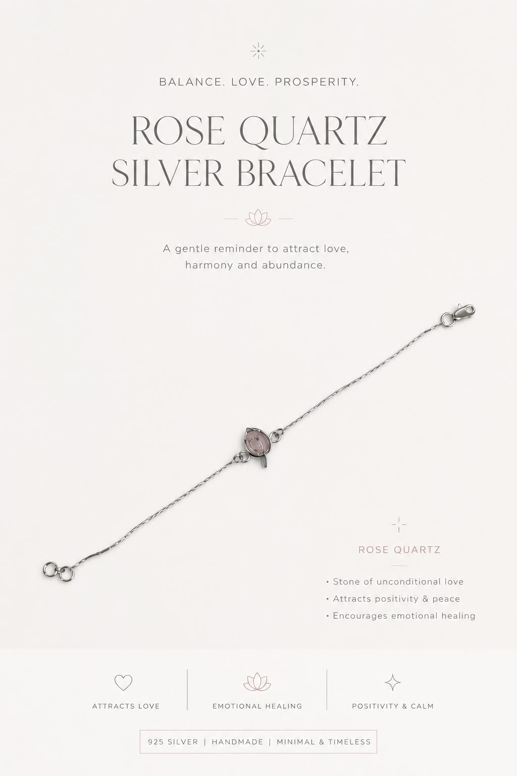 Rose Quartz Crystal Bracelet in 92.5 Sterling Silver